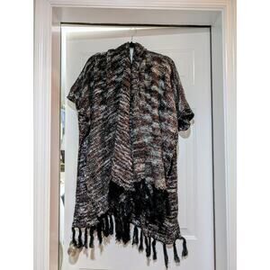 Baciano Boho Fringe Knit Cardigan Poncho Sweater Wrap Size S